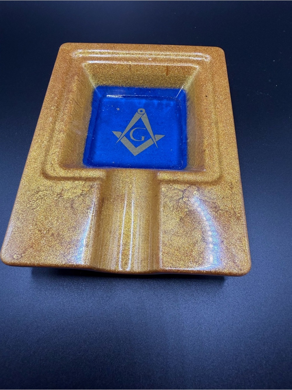 Gold and Blue Decorative Ashtray with Masonic Emblem